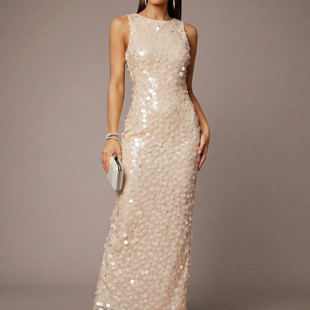Apricot Party Women's Round Neck Fitted Sequin Patchwork Sleeveless Dress